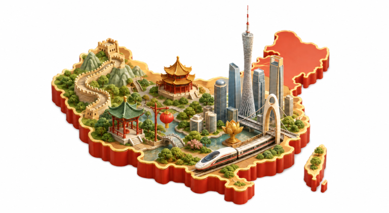 Illustrated map of China featuring Guangzhou landmarks, the Great Wall, high-speed rail and Taiwan